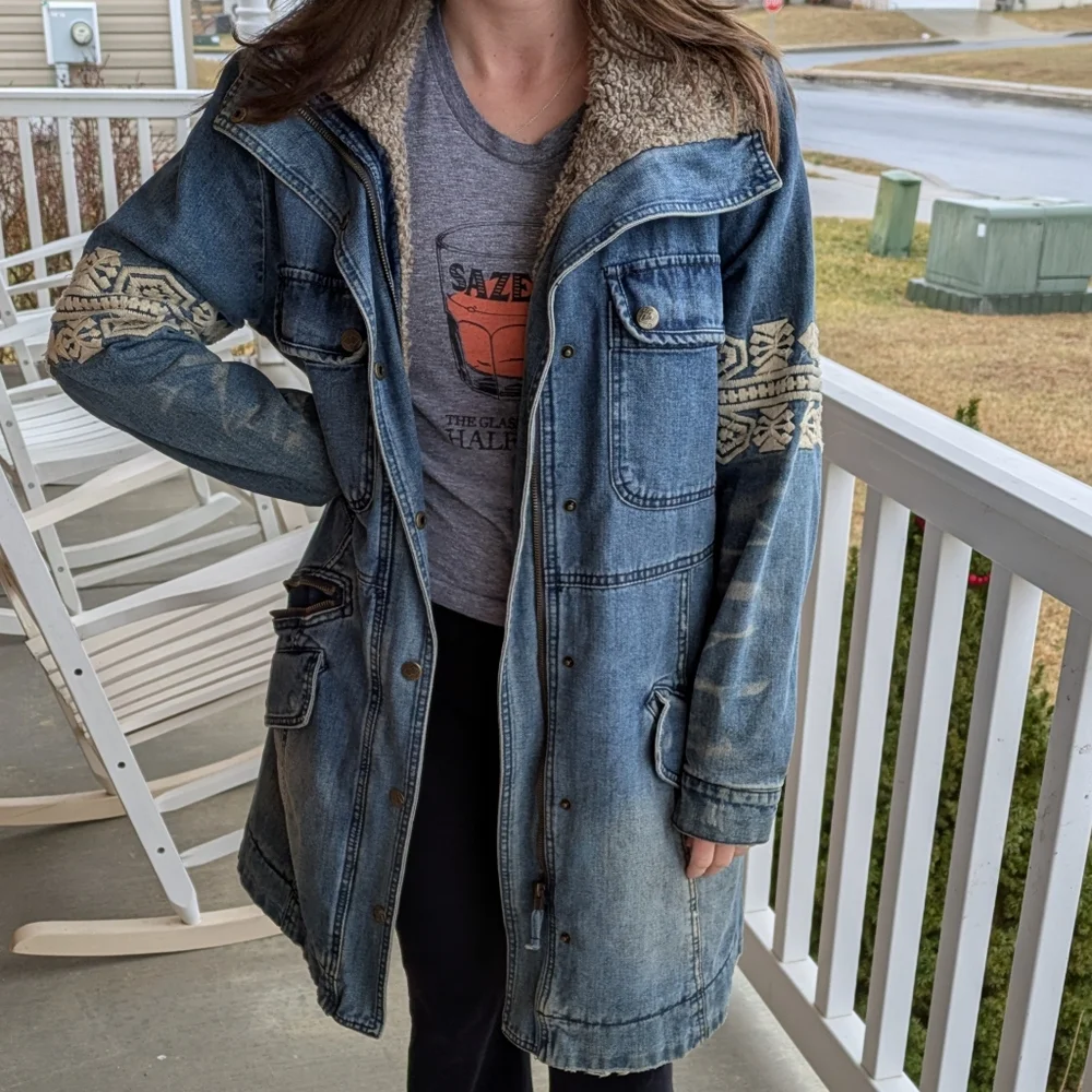 Rare Free People Rendered Denim Sherpa Jacket/Coat- Small ( Oversized) - Picture 4 of 12